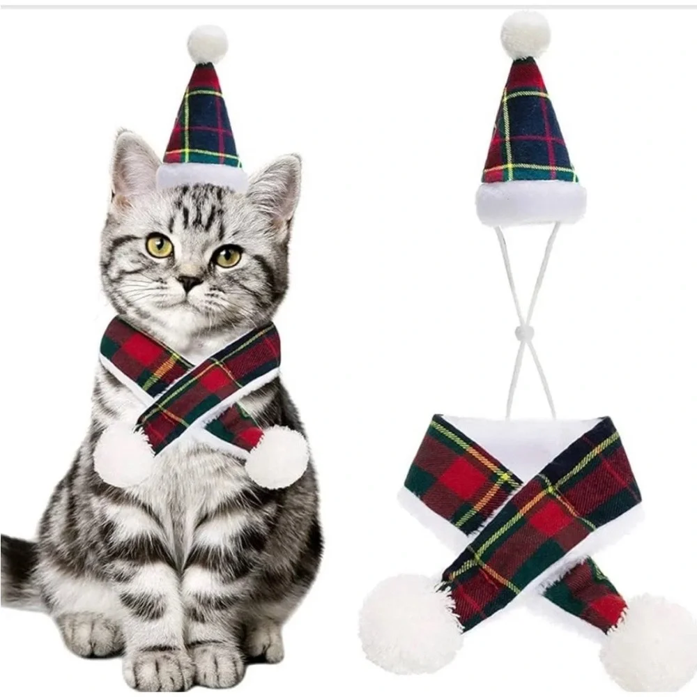 Festive Plaid Cat Hat and Scarf Set